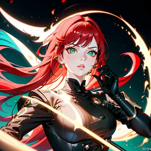 Prompt: I require a professional-quality portrait photograph in the style of Ilya Kuvshinov, depicting a vivid scene of a young woman with bright red hair and deep green eyes with light green reflections, engaged in battle while wielding a futuristic scythe. This image must meet the following specific criteria:

Subject: The young woman's face must be captured in detail, highlighting her intense dark green eyes and fiery red hair. Her expression should reflect determination and strength, her body poised in a combat stance.

Attire: She must be donned in white armor with nuances of grey and punctuated with blue LEDs. The armor should be intricate and futuristic, reflecting her warrior status. The LED lights must be carefully positioned to accentuate the design without overwhelming the image.

Weapon: The futuristic scythe must be designed with elegance and lethality in mind, complementing her attire and personality. It should have sleek lines, metallic surfaces, and possibly integrate LEDs similar to the armor.

Background: The backdrop must be as detailed and imaginative as the subject. Whether it's a dystopian cityscape or an alien battlefield, it must be intricately designed and realized with professional care, giving depth and context to her fight.

Lighting: The lighting must be both realistic and dramatic. The glow from the LEDs, the reflections on the armor and scythe, and the surrounding environmental lighting must work together to create a visually stunning and cohesive image.

Overall Composition: The photograph must capture a frozen moment of intense action, portraying not just a character, but a story. It must balance the ferocity of battle with the inherent grace of the subject. All elements, from her expression to her stance, from her weapon to her surroundings, must harmonize to create a singular, powerful visual narrative.