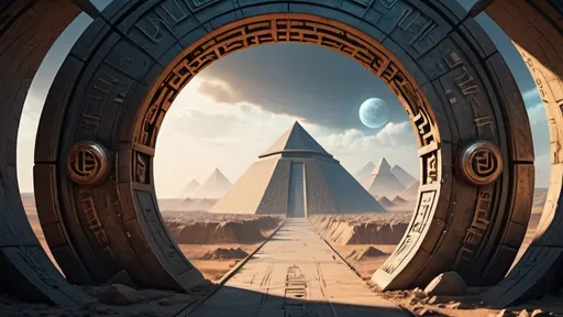 Prompt: circular portal, gateway between cities realms worlds kingdoms, ring standing on edge, freestanding ring, hieroglyphs on ring, complete ring, obelisks, pyramids, panoramic view, cyberpunk dystopian setting