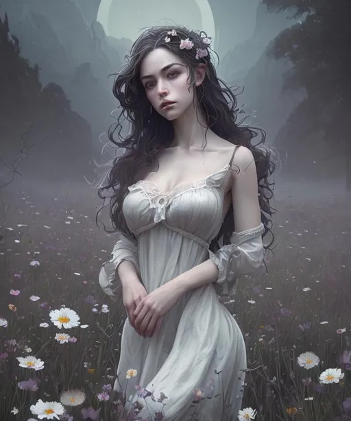 Prompt: dark ambient moonlit landscape, meadow, flowers, peaceful and serene. gorgeous buxom woman, dark hair, expressive eyes, thighs, sitting, white gown, pretty girl, perfect anatomy, highly detailed, character sheet, artstation, concept art, smooth, sharp focus, illustration, intricate,8K, symmetry, perspective, high contrast