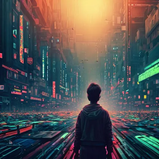 Prompt: A protagonist in his Colorful painted shown in a Disturbing daily life scene, in the middle, floated lights, eyes closed, in a big human crowd, cinematic city with a industrial touch, dramatic sky, sun ris rising, big scene, realistic, 4k resolution, 35mm lens, a bit dreamy, details