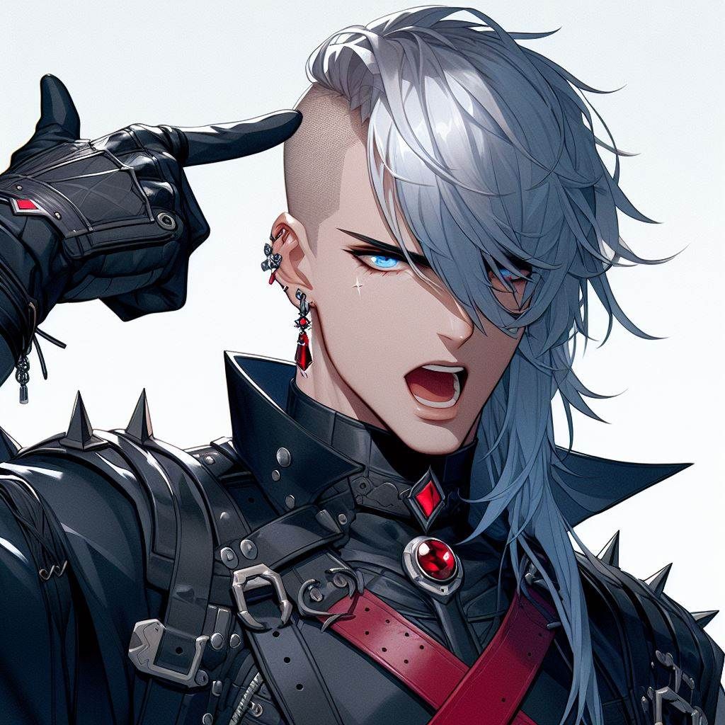 Prompt: a man with size shaved hair cut with ice blue hair that falls long over a single eye down to his mouth, ice blue eyes, holding a finger up with his mouth open injecting a fustrated point into the conversation, has thick black form fitting leather armor with a large red x on the front, he wears a singlered gemstone earing on left ear, and a small red gemstone necklace, tall, lanky, very handsome, flirty, with a slight blush, genshin impact style