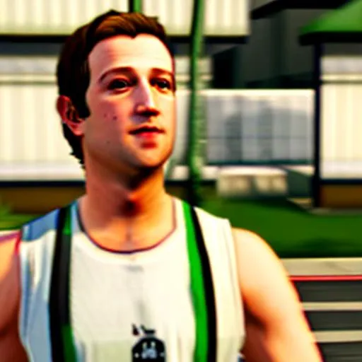 Prompt: Grand Theft Auto San Andreas (2004) cutscene featuring Mark Zuckerberg cosplaying as CJ Carl Johnson from GTA San Andreas, white sleeveless tanktop, player model, grove st, mod, focus on face, protagonist, ghetto, ps1 gameplay, Dreamcast graphics, San Andreas Mod, GTA SA, Compton, Ps2