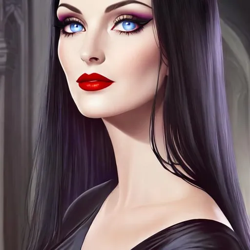 Prompt: Morticia Addams, gothic looking, black hair, pale blue eyes