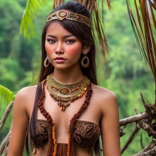 Prompt: professional modeling photo live action human woman hd hyper realistic beautiful Indonesian warrior woman dark brown hair tan skin brown eyes beautiful face traditional indonesian dress with jewelry enchanting indonesian jungle hd background with live action mountains in background