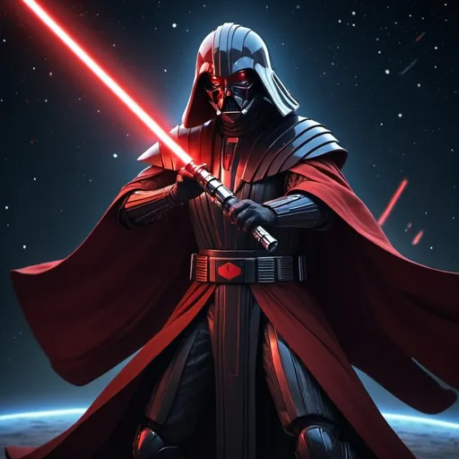 Prompt: sith chicken wielding a red lightsaber, detailed armor and cloak, high quality, digital illustration, sci-fi, fantasy, cool tones, intense lighting