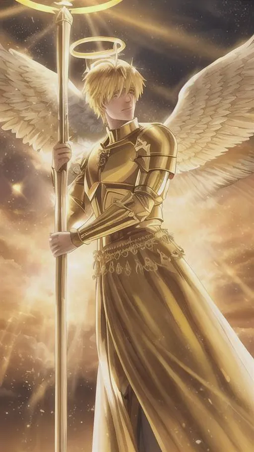 Prompt: Angel, halo, radiant golden light, seraph, six wings, photo realistic, Male, warrior, ancient, wallpaper, St michael, catholic, archangel, handsome, Male face, masculin face, 37 years old, Spears, fire, 16k, full body picture, heavenly, shader, christian