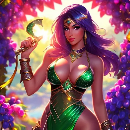 Prompt: Epic, D&D, Cinematic. full body, (an attractive African American woman), (gorgeous face, glossy lips). (Big Breasts), {green glitter}, dressed in a skimpy bikini, {slingshot bikini}, shiny brilliant cloth armour, heroic pose. grapes vine garden, glass of wine, Greek columns, overgrown vines, sunny day, bright blue sky, green grass.