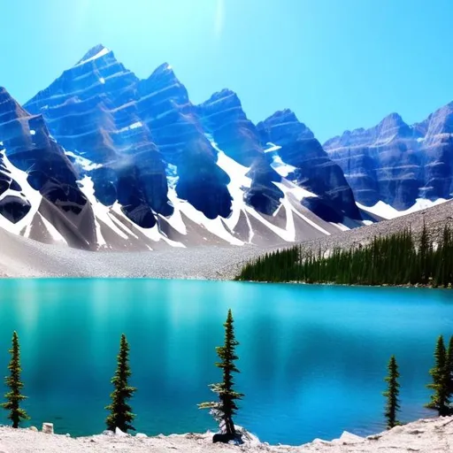 Prompt: High Mountain Lake, Clear Skies, Crystal Diamond Colored Water