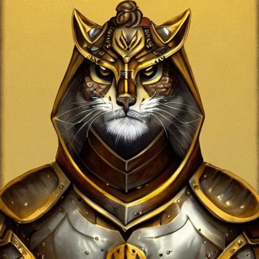 Prompt: full face and upper body DnD detailed art portrait of a tabaxi, lionin, paladin in golden plate armor