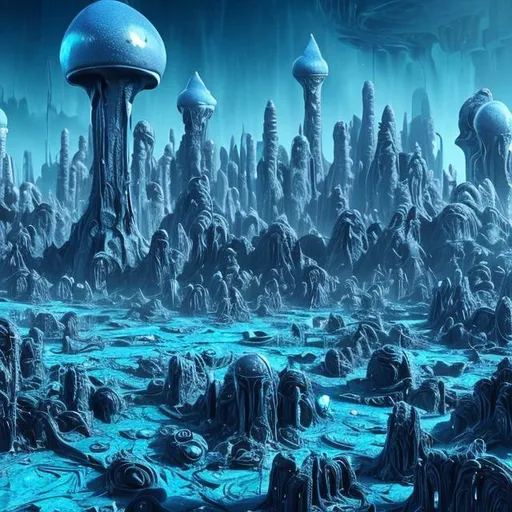 Prompt: Alien city made of gooey living matter. Buildings made of blue colored goo mixing the living matter with steel. 