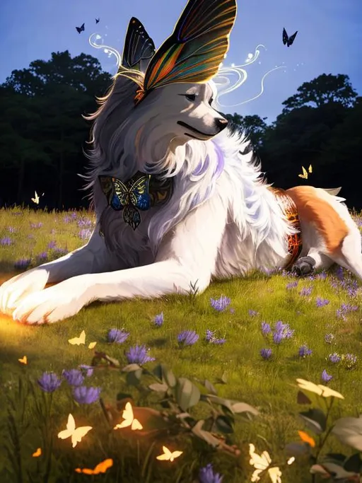 Prompt: Fantasy, Magical Forest, Magic ButterFly, Dog with Light Armour (From Fantasy RPG)(Magical Creature ) ,Light Effect, Fun Art, Portrait, Sun , Happy, Very Detailed , 8k , High Quality
