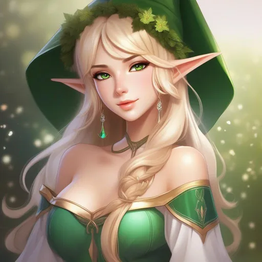 Prompt:  anime waifu character as an  elf, extremely tanned embodying beauty and allure. Give her a unique touch with wide hips and thick thighs, enhancing her graceful and alluring presence. Craft an outfit that seamlessly blends fantasy and elegance, reflecting her elven heritage while accentuating her captivating figure. Small elf ear, blonde hair, green eyes