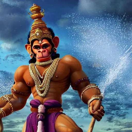 Prompt: a tall, muscular Lord Hanuman wields a blunt mace over the shoulders, standing on a beach, clear face and a highly detailed muscular body, sunset, realistic, IMAX panned-out view,  unreal engine 5