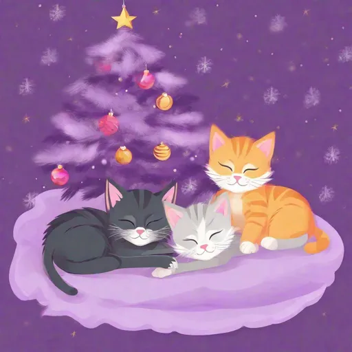 Prompt: kittens sleeping under a purple christmas tree