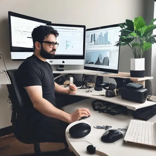 Prompt: A man who is working at home with his own desktop setup
