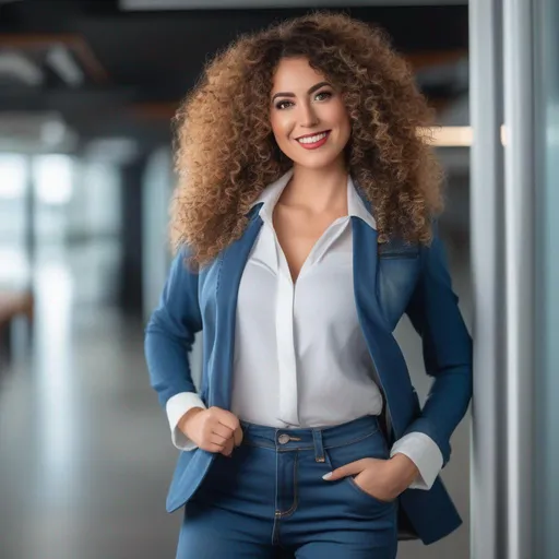 Prompt: An attractive 35 year old woman with very curly hair, elegant, large eyes, modern, stylish makeup, full body view, white tshirt with a jacket and blue jeans, happy, smiling, (erotic), office background