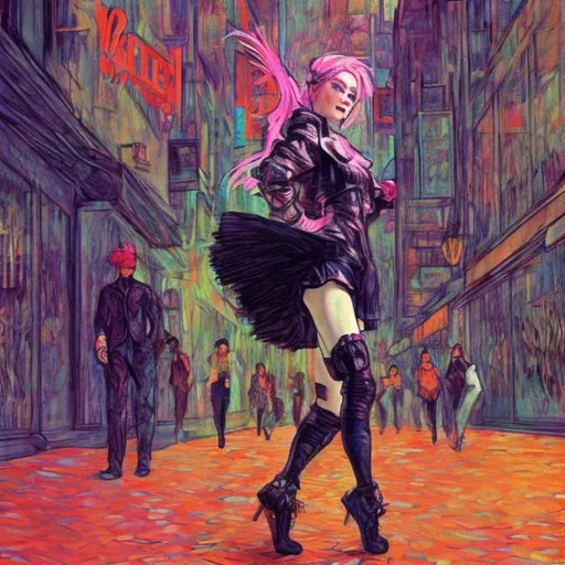 Prompt: jane avril dancing cyberpunk in the style of toulouse lautrec