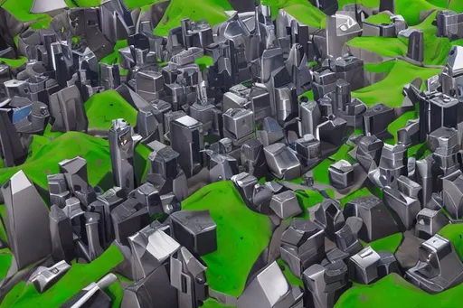 Prompt: thick grey shiny chrome liquid consuming fortnite map