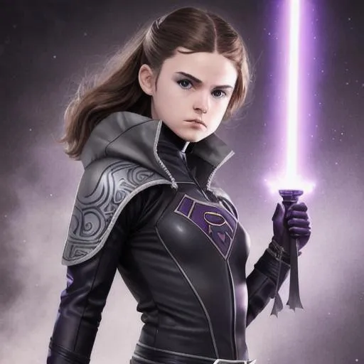 Prompt: teenage girl superhero with brown hair and gray eyes, black latex suit with dark purple trim. Purple cape, knee-high black boots like Anakin Skywalker, silver belt, holding fire with hands, 3D, fantasy, fine-tuned, intricately detailed, detailed face, realistic