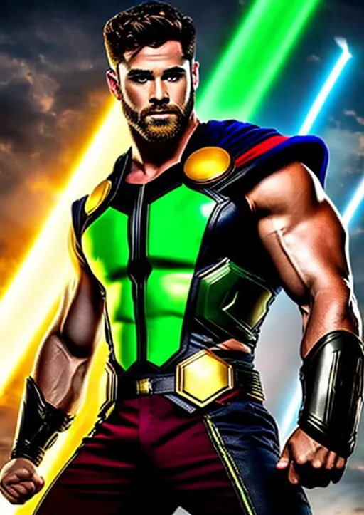 Prompt: High-resolution hyperrealistic photo of marvel's demigod {{hercules}} merged with thor, undercut mullet hair, holding mjolnir, green and red and black and gold revealing costume, uhd, hdr, 64k