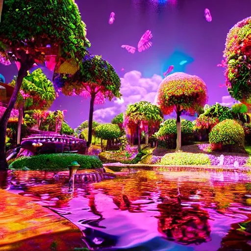 Prompt: Paradise in heaven, Vivid, V-Ray Lighting, Reflections, Refraction, Intricate Details, Realistic, Sharp, Octane Render, UHD, 4K, 8K, pastel colors, chocolate fountain, candy drop trees, beautiful, 

