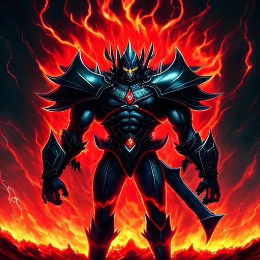 Prompt: (mega detailed) (4x+anime) Dark demon god standing, 100 feet tall, (black and red armor) (Black and red lightning blot imprint) black and red lightning skies. large sword in his hand, burning city behind