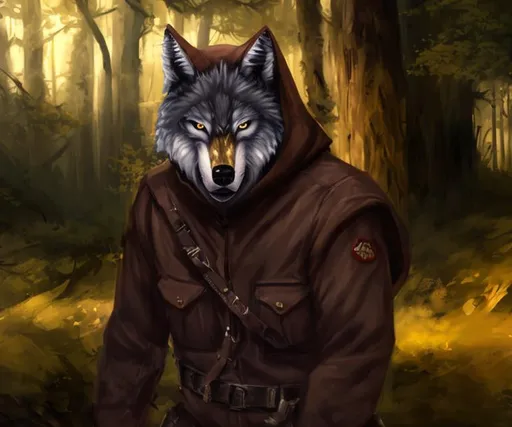Prompt: Wolf man, brown military uniform, hood, painting, portrait, fantasy