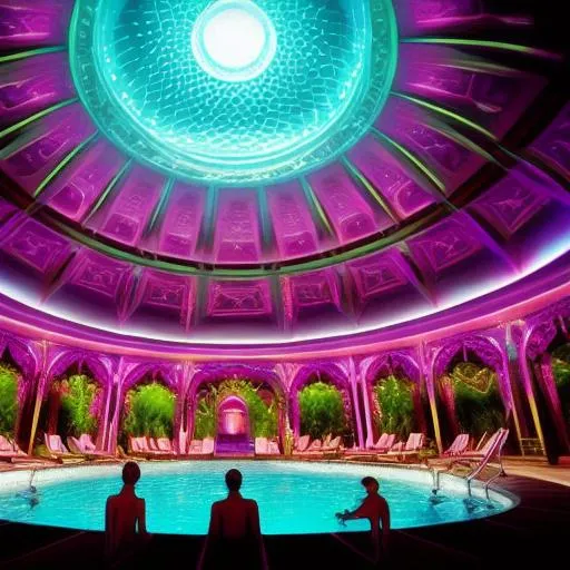 Prompt: Breathtakingly detailed Image of a UFO death cult members at a pool party.  Colorful, Dark & striking image. Aesthetically Brilliant. Everything is perfectly to scale. Award winning.