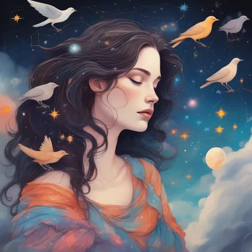 Prompt: Colorful and beautiful Persephone with brunette hair surrounded by clouds and birds framed by constellations and stars