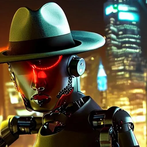 Prompt: futuristic robot detective wearing a  fedora, and with high tech armor in a raining cyber punk city, realistic, ultra 4k HD 