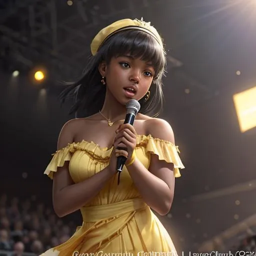 Prompt: A young black girl singing on a stage with a flowing yellow dress, Audience giving a standing ovation, perfect features, extremely detailed, realistic. Krenz Cushart + loish +gaston bussiere +craig mullins, j. c. leyendecker +Artgerm.