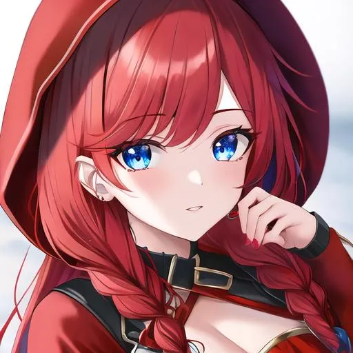 Prompt: Haley 1female (braided red hair pulled back, lively blue eyes), highly detailed face, 8K, UHD, wearing a red riding hood outfit