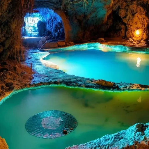 Prompt: A holy spring with glowing blue water underground
