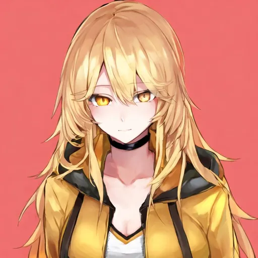 Prompt: Portrait of a cute girl with long, blonde hair and golden eyes in a jacket 