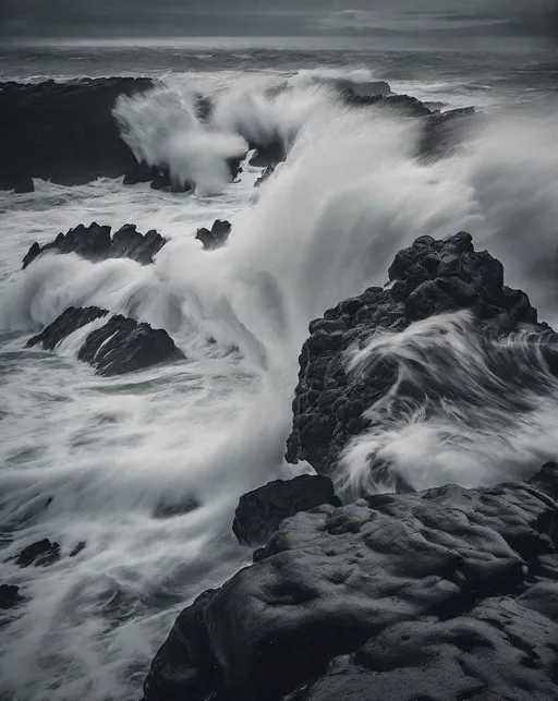Prompt: Massive storm waves violently crashing against black volcanic rocks on a gloomy, overcast day. The brooding dark ocean water churns and foams as waves smash into the jagged rocks. Shot with a high shutter speed to freeze the motion. Moody black and white edit creates a dark, ominous mood. Minimalist composition highlights the raw power and beauty of nature. Shot with a Canon EOS R5, 70-200mm lens at f/4, 1/2000 shutter speed.
