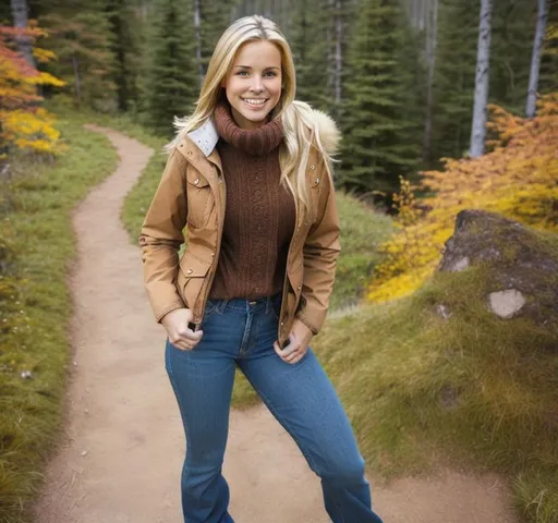 Prompt: 2000s tv show, pretty blonde woman, wearing thick brown hiking boots, jeans, outdoor jacket, smiling, posing for photo, alone