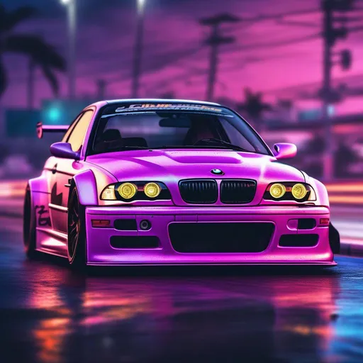 Prompt: 2001 BMW M3 E46 GTR, synthwave, aesthetic cyberpunk, miami, highway, dusk, neon lights, coastal highway, dusk, neon lights, coastal highway, sunset, drift, nurburgring, water on the road, blade runner, 8k, watercolor, macro sharp focus