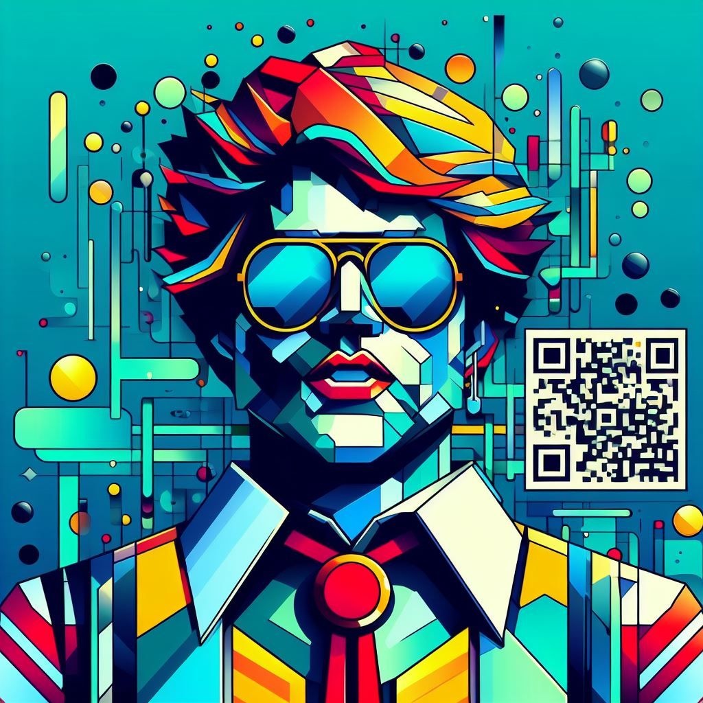 Prompt: a character in sunglasses and a qr code, in the style of luminous spheres, bold geometries, mcdonaldpunk, animated mosaics, alan kenny, hard edge, extreme angle