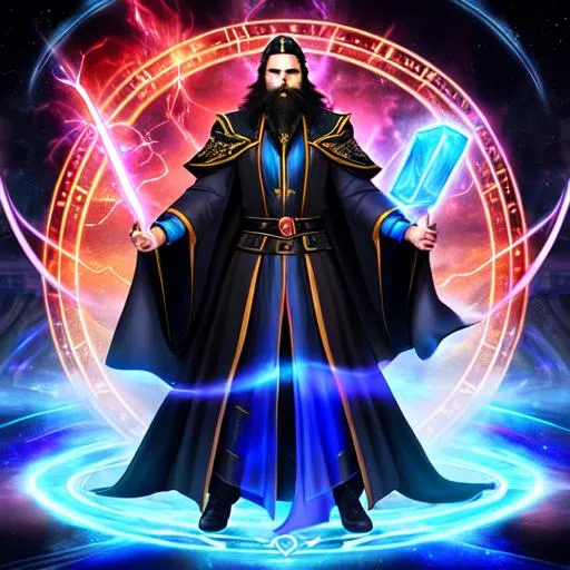 Prompt: A human Archmage wearing prismatic sorcerer robes, with red lightning coming out of his hands, black hair, blue eyes, very long black beard.