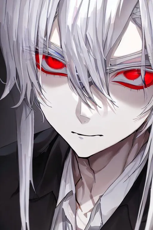 Prompt: White haired boy with ghoul's eyes closeup