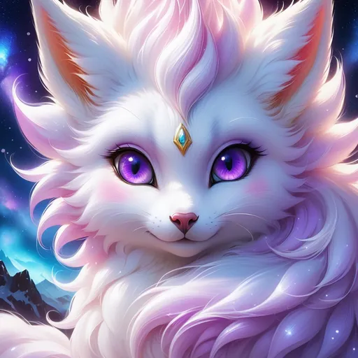 Prompt: {Alolan Vulpix}, gleaming hypnotic {amethyst purple eyes}, frost, ice element, detailed artwork, beautiful oil painting, 64k, detailed background, cosmic auroras, deep starry sky, lush cliffside, snowy mountain peaks, brilliant night sky, big purple ears, big beautiful 8k eyes, mischievous, vivid colors, thick fluffy fur, glowing ice aura, snow princess, bashful rosy cheeks, timid, bright rosy cheeks, thick billowing mane, intricately detailed fur, beautiful detailed eyes, , by Anne Stokes, golden ratio, perfect proportions, vibrant, hyper detailed, complementary colors, UHD, beautiful detailed background