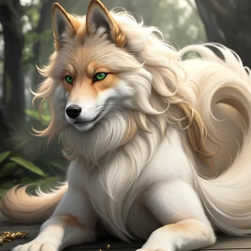 Prompt: 8k, UHD, masterpiece, best quality, trending on artstation, hyperrealistic, gold (fox), (canine quadruped) with a medium silky somewhat-dark white-gold pelt with no patterns, white belly, olive green eyes, wavy tails and skinny paws, light medium curly hair, billowing white-gold mane, plain face, sharp focus, intricately detailed fur, brilliant detailed eyes, beautifully detailed face, beautifully detailed background, perfect composition, sharp focus, unreal engine, intricately detailed mouth and teeth, by Yuino Chiri, canid, canid body, fox anatomy, fox kit