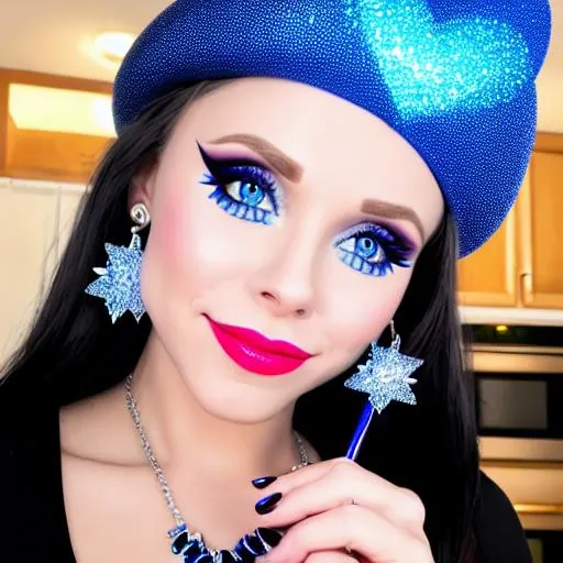 Prompt: Saweetie and Kristen bell inside kitchen, blue lipstick, candy pleasant face, blue eyes, Black eyeshadow, Sugar Hat, ice earrings. Blue heart necklace, Cold color scheme, ultradetailed, 8k resolution, perfect, smooth, high quality, shiny. Magic Cake wand. 