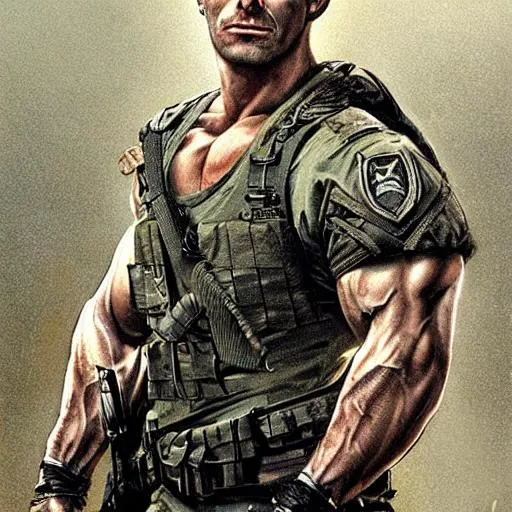Prompt: A blonde Masculine and muscular man With facial hair in U.S army uniform ,photorealitic, high detail, digital painting, artstation, illustration, concept art, smooth, sharp focus, art by Jude Palencar, Luis Royo, John Collier and Albert Aublet and Krenz Cushart and Artem Demura and Alphonse Mucha