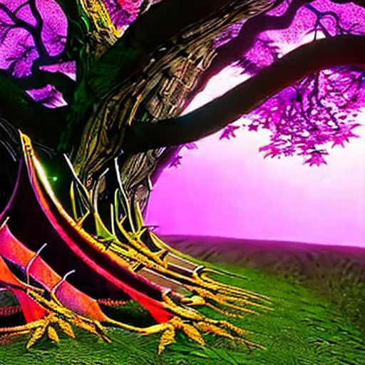 Prompt: Vines growing from a Druids heart through her body into a dead tree brining it back to life, a masterpiece, dark fantasy concept art, dynamic lighting, hyperdetailed, intricately detailed, Splash screen art, deep color, Unreal Engine, volumetric lighting, Alphonse Mucha, Jordan Grimmer, purple and yellow complementary colours