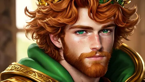 Prompt: Long-shot hyper realistic oil painting, 8k, of a ruggedly handsome,20 year old prince,  strong musculatute, FULL BODY,golden crown, a sort ginger hair, short scruffy beard, freckles, very detailed green eyes, centered in frame, intricate details, very detailed eyes, correct perspective, natural light