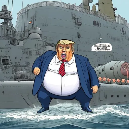 Prompt: Cute, obese raging Trump to Putin in front of a nuclear submarine in drydock, press conference, dark-blue suit, too long red tie to the floor, u-boat scene, muted gloomy colored, Sergio Aragonés MAD Magazine cartoon style