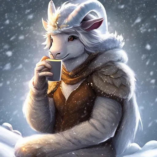 Prompt: An adult male anthro  capricorn, wearing a cozy winter snowy costume drinking a warm cup of hot cocoa, digital art, artstation, 8K