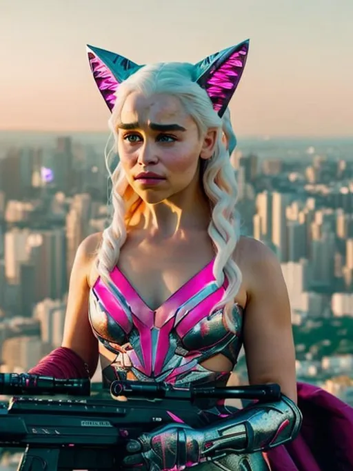 Prompt: Emilia clarke cathfolk face cat ears. No top. Tattoos. Lazer eyes. Rifle. cat ears fur. pink fuscia tones neon cyberpunk. High contrast color.  stary sky background. Big exposed breasted exposed. Night time.