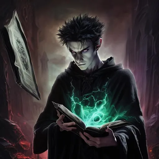 Prompt: photorealistic of a young angry Warlock, low light, wearing a black robe, shadows swirling, reading the Necronomicon book and holding an artifact in his hand, fair skin, black slicked back hair, black eyes.